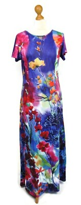 #ad Miss Look Stylish Retro Colourful Floral Print Jersey Summer Maxi Dress Size M