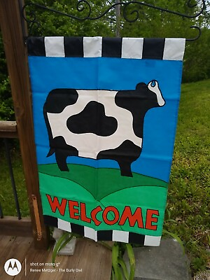 #ad 43x14quot; Oxford Nylon Embroidered Cow Welcome Buffalo Plaid Flag