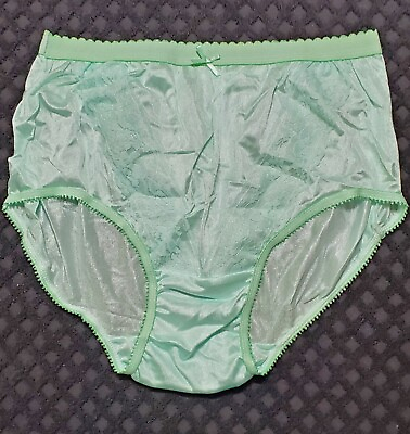 #ad Double Nylon Wide Gusset LACE Silky Sissy Panty 7 L GREEN Lime Sheer Granny