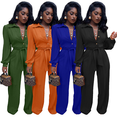 #ad New Women Fashion Long Sleeves Button Bandage Patchwork Solid Casual Jumpsuit