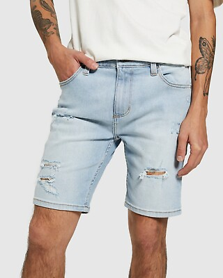 #ad Rollas Mens Stinger blue denim distressed Shorts Size 32 L above knee