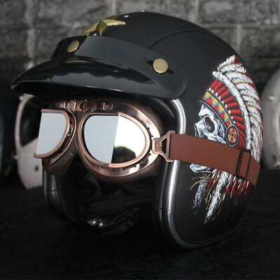 #ad Retro Motorcycle Helmet Open Face w Pilot Goggles Unisex Scooter Leather Helmet