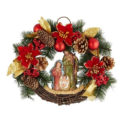 #ad Faux Poinsettia Holy Family Nativity Center Hanging Christmas Wreath 15 Inch Dia