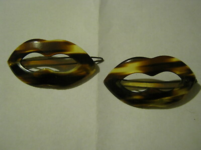 #ad PAIR of 1950s Made in France Tortoise Celluloid LIP SHAPED Hair Clip Barrettes