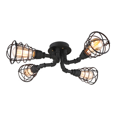#ad 4 Lights Industrial Iron Pipe Chandelier Lamp Rustic Cage Ceiling Light Fixture