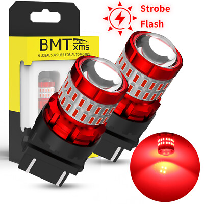 #ad 2PCS 3157 Red LED Strobe Flashing Blinking Brake Tail Light Parking Bulbs 3156
