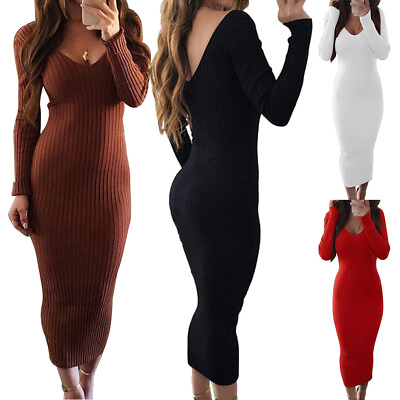 #ad Sexy Women Long Sleeve Backless V Neck Ribbed Bodycon Slim Knitted Midi Dress