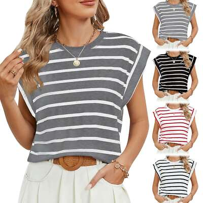 #ad Women V Neck T Shirt Casual Cap Sleeve Vest Solid Loose Blouse Tank Top Stripe