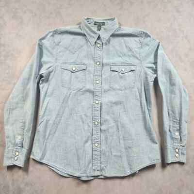 #ad Lauren Ralph Lauren Womens Western Pearl Snap Blue Denim Button Up Shirt Large