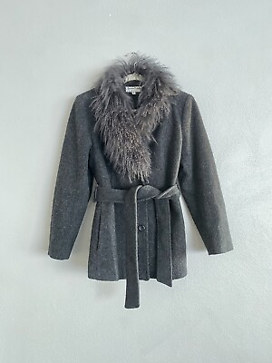 #ad Jonathan Michael Wool Blend Peacoat Furry Collar Charcoal Grey Size Medium