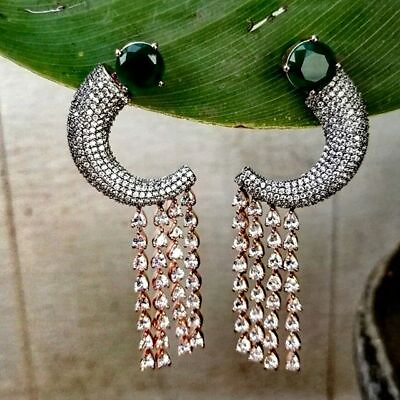 #ad Unique Mid Century Art Deco Style With Green Emerald amp; White CZ Classic Earrings