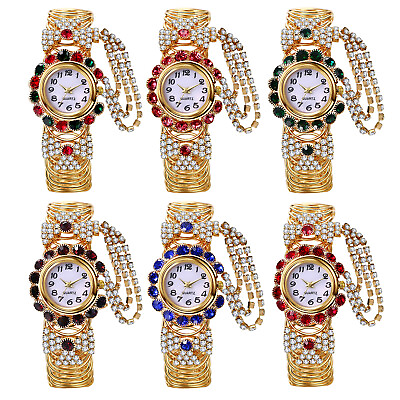 #ad Bling Rhinestone Gold Plated Elastic Quartz Bangle Cuff Bracelet Watch Women BS2