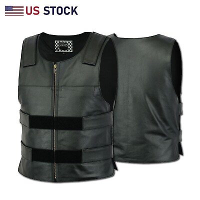 #ad Men Bullet Proof style Leather Motorcycle Vest for bikers Tactical waistcoat