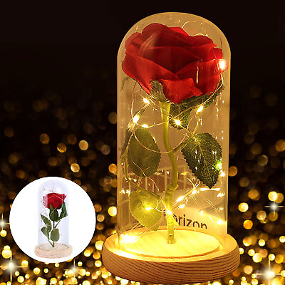 #ad WR Lighted Beauty and the Beast Enchanted Gold Foil Rose In Glass Dome Love Gift