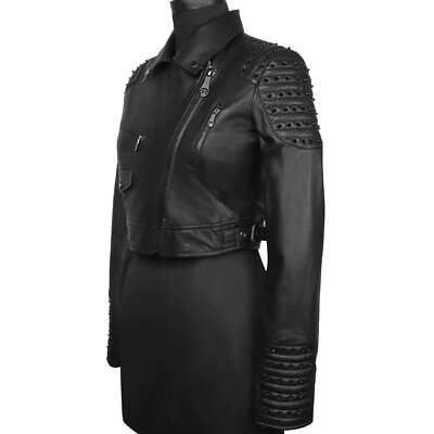 #ad Classic Studded Black Leather Short Ladies Biker Jacket For Halloween Costume