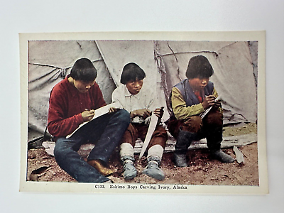 #ad Vintage Alaska Postcard Eskimo Boys Carving Ivory Native American New NOS
