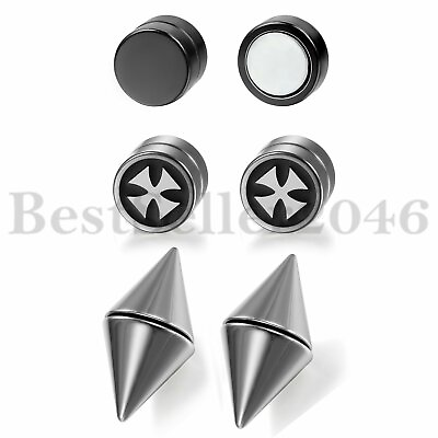 #ad 3 Pairs Stainless Steel Magnetic Non Piercing Ear Studs Earrings Plug Women Men