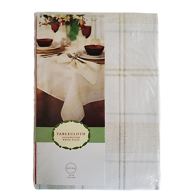 #ad Target Tablecloth 70quot; Round Gold Metallic Winter White Plaid Polyester Sealed
