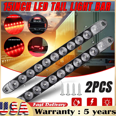 #ad Pair 15quot; Red LED Sealed Truck Trailer Strip Brake Rear Stop Turn Tail Light Bar