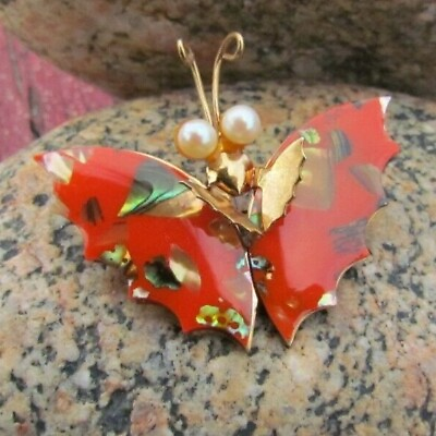 #ad ADORABLE Butterfly Pin Brooch Insect Bug Beautiful Orange Faux Pearl Eyes
