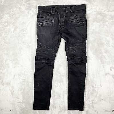 #ad Balmain Paris Jeans Mens 34x32 Black Denim Ribbed Biker Pants Zipper Pockets