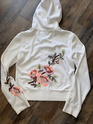 #ad Juicy Couture Beige Terry Rose Embroidery Detailed Hooded Y2K Large Track Jacket