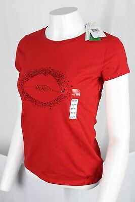 #ad Guess Jeans Women#x27;s Organic Eco Lucia SS Tee Rhinestone Graphic Lips Red