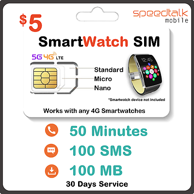 #ad $5 Speedtalk Smartwatch SIM Card Talk Text Data for 4G Smart Watch GPS Tracker