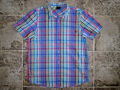 #ad Oakley Large Men#x27;s Shirt Cotton Poly Blend Blue Pink Yellow Plaid S S SP15 Relax