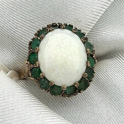 #ad 9ct Vintage Yellow Gold Large Opal amp; 0.56ct Emerald Ring Size L1 2 Hallmarked
