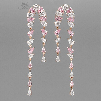 #ad Dangle Tassel Earrings For Women Pink Quartz Clear Cubic Zirconia Gold Plated 28
