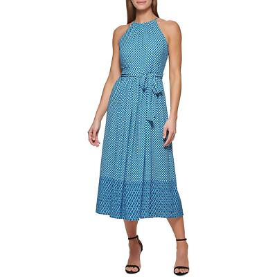 #ad DKNY Womens Blue Midi Print Sleeveless Halter Dress 10 BHFO 4590
