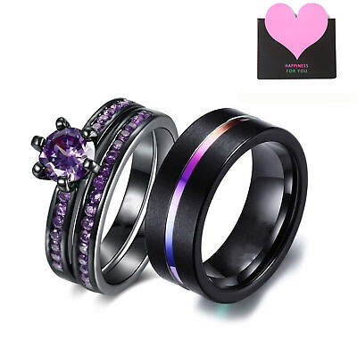 #ad 2pcs His and Her Couple Rings Purple CZ Promise Wedding Engagement Band Ring Set