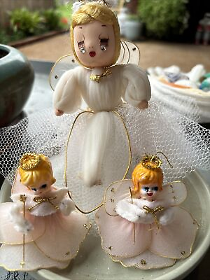 #ad Three Vintage Tulle Angel Figurines Ornaments Vintage Christmas Decor