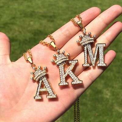 #ad Cz Alphabet Necklace Letter Crown Pendant Crystal Initial Charms Women Necklaces