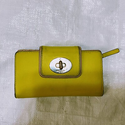 #ad KATE SPADE Bifold Wallet Yellow Leather Turn Lock Size 6.5x3.5