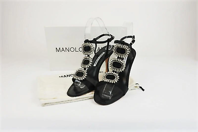 #ad Manolo Blahnik Ochi Crystal Buckle Sandals Black Satin Size 38.5 Slingback Heel