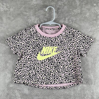 #ad Nike Girls Leopard Print Neon Logo Cropped Tee Shirt Pink Size Small