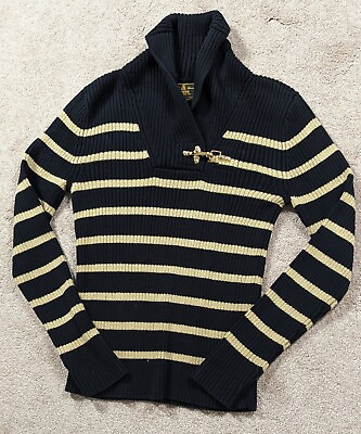 #ad Lauren Ralph Lauren Sweater Women#x27;s Medium Black Gold Metallic Shawl Collar