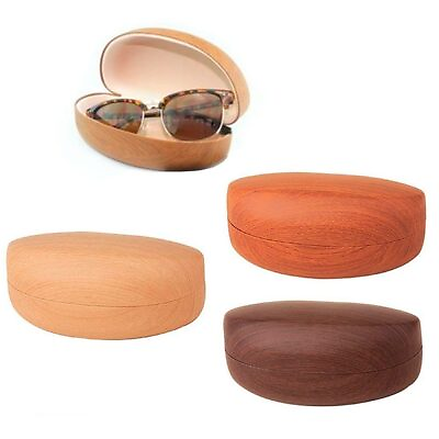 #ad 1 Large Hard Sunglasses Case Wooden Design Eye Glasses Portable Wood Clam Shell