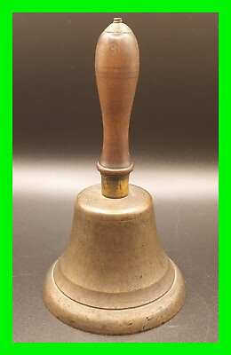 #ad Antique 3¼quot; Dia. 6quot; Tall Bronze Hand Bell Wood Handle School Teacher Town Crier