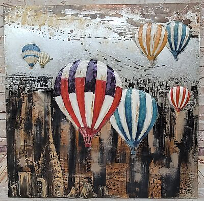 #ad Original Acrylic Painting on Metal Canvas Hot Air Balloons Over New York Art
