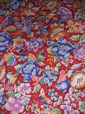 #ad Colorful Multicolor Floral Print On Red Cotton Fabric 3 Yards X 44quot; Wide