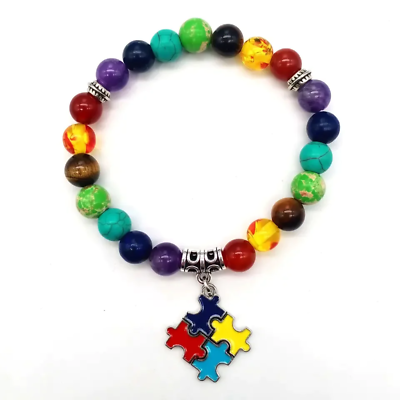 #ad Autism Awareness 7 Beads Elastic Bracelet Natural Stone Rainbow Jewelry Bracelet