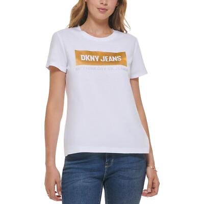 #ad DKNY Jeans Womens Graphic Metallic Embellished Graphic T Shirt Top BHFO 5107