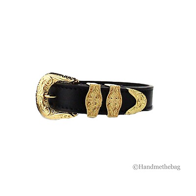 #ad Versace Medusa Western Black Leather Gold Toned Brass Buckle Bracelet
