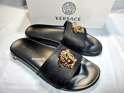 #ad Men#x27;s Black Gold Versace Medusa Palazzo Sandals Slides Flip Flops Size 10 10.5