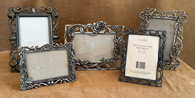 #ad Set of 5 Table top picture photo frame Metal Scroll Rose floral vintage lot