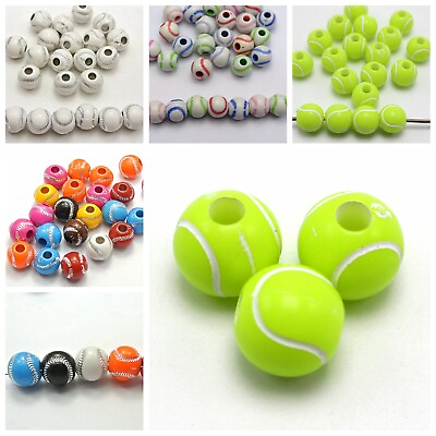 #ad 50 Baseball Sparkling Silver Ball Pattern Acrylic Round Beads 12mm Color Choice
