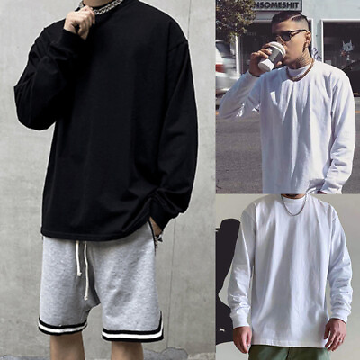 #ad Men#x27;s Casual Streetwear Hip Hop Fashion Long Sleeve Oversize Solid T Shirt Tee